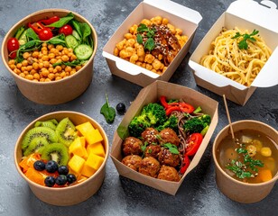 Healthy takeaway meals in eco-friendly containers: fruit salad, fresh veggie bowls, pasta with meatballs, soba noodles, and herbal soup.