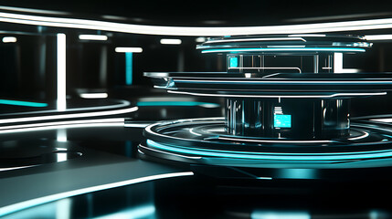 Futuristic Circular Platforms with Glowing Blue Lights in a Dark Environment