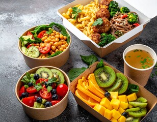 Healthy takeaway meals in eco-friendly containers: fruit salad, fresh veggie bowls, pasta with meatballs, soba noodles, and herbal soup.
