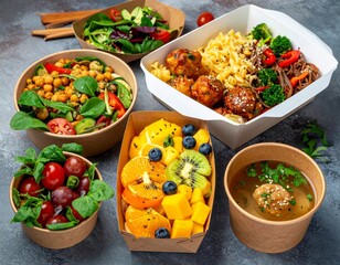 Healthy takeaway meals in eco-friendly containers: fruit salad, fresh veggie bowls, pasta with meatballs, soba noodles, and herbal soup.