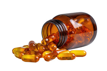 Amber glass jar spilling golden capsules