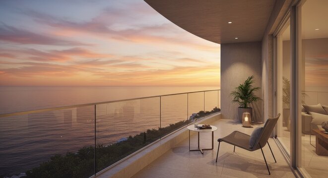 Minimalist Balcony Sunset Ocean View - Serene sunset, minimalist balcony design, ocean view, tranquility, relaxation. Evokes peace, luxury, and escape