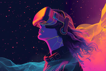 Immersive virtual reality experience with vibrant neon glow and futuristic digital landscape