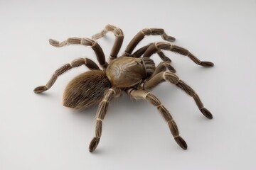 A light brown tarantula with hairy legs, positioned centrally against a plain white backdrop, is the clear focus of this close-up  shot.