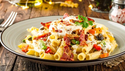 Creamy pasta dish with bacon and vegetables
