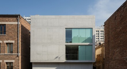 Modern Concrete Building Architecture - Contemporary concrete building nestled between older brick structures, featuring large, light-green tinted windows. Clean lines and minimalist design