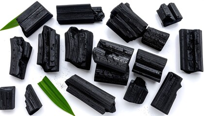 Black charcoal pieces scattered on white background with green leaf