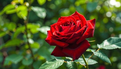 Vibrant red rose in garden setting