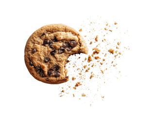 A bitten chocolate chip cookie with exploding crumbs