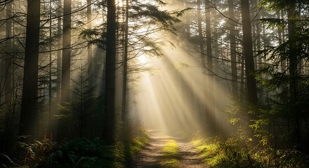 Naklejka premium Sunlight streams through a misty forest, illuminating a pathway with golden rays.