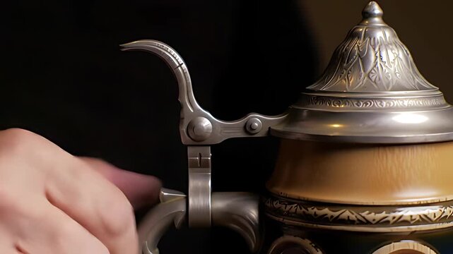 Close-up of a traditional German beer stein lid rhythmically flipping open and shut with a satisfying thumb lever action, showcasing a smooth, tactile motion.