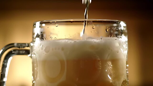 Extreme close-up of golden German beer pouring into a liter stein, forming a thick, creamy foam head with perfect texture.