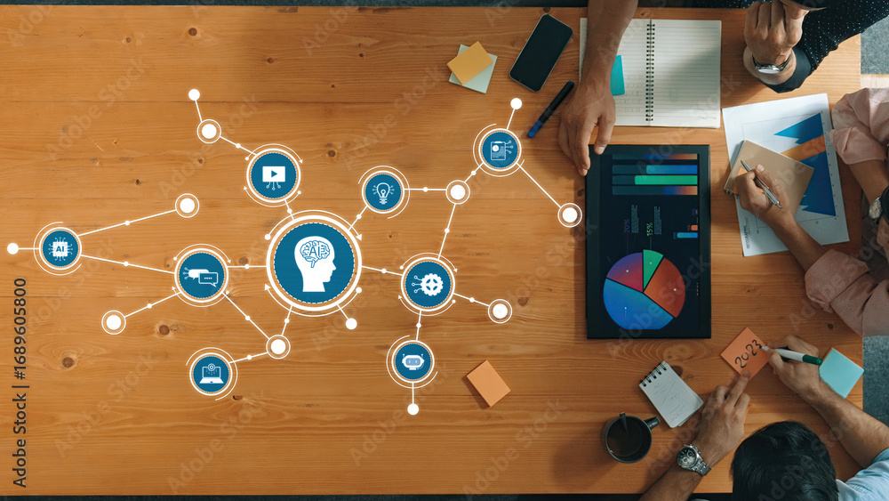 Poster collaborative workspace featuring ai concept with brain icon and infographics on table surrounded by