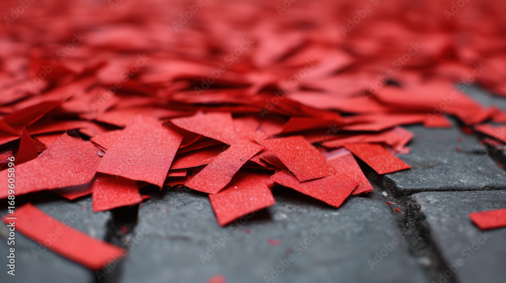 Poster a close-up view of scattered red paper pieces on a dark surface, creating a vibrant contrast and a t