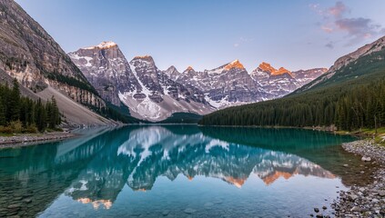 Moraine Lake Reflecting Majestic Mountains at Dawn A Tranquil Landscape Scene
