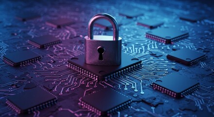 Security and Data Protection - Padlock on circuit board symbolizes data security, cybersecurity, and online protection. Represents safety and privacy