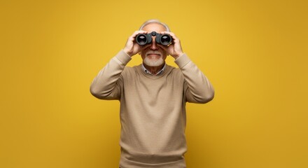 Senior Man Looking Through Binoculars - An older man with a beard uses binoculars against a yellow background. He is looking intently into the distance