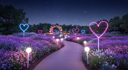 Romantic Night Garden Path - Illuminated pathway through a lavender garden at night, featuring heart-shaped lights and a floral arch. Perfect for romance, Valentine's Day, or a peaceful evening scene