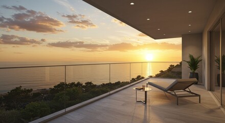 Serene Sunset Ocean View Balcony Design - Minimalist balcony design, ocean sunset view, tranquility, relaxation, luxury living. Represents peace, escape, and breathtaking views