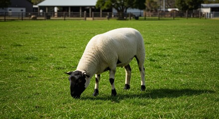 Sheep Grazing in Green Pasture - A single sheep grazes peacefully in a lush green field, with a farm building visible in the background