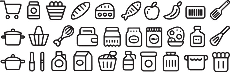 Grocery and Supermarket Line Icons Collection / A Set of Shopping, Food, and Household Items Vectors

