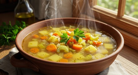 Steaming Vegetable Soup in Rustic Bowl - Hot vegetable soup steaming in a rustic bowl near a window, perfect for a cozy meal. Healthy and delicious