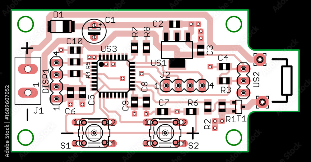 Poster vector printed circuit board of electronic device with components of radio elements, conductors and 