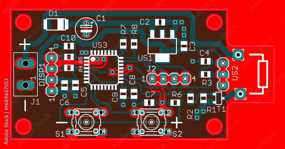 Poster vector printed circuit board of electronic device with components of radio elements, conductors and 
