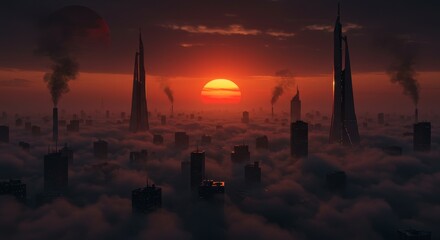 Sunset Over Cloud City - Futuristic city skyline engulfed in clouds at sunset, industrial smoke plumes visible. Dark, moody atmosphere