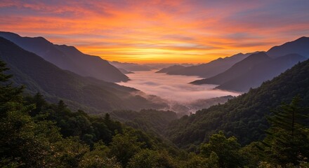 Sunrise Serenity: Misty Mountain Valley - Serene sunrise over a misty valley, symbolizing peace, tranquility, renewal, hope, and nature's beauty