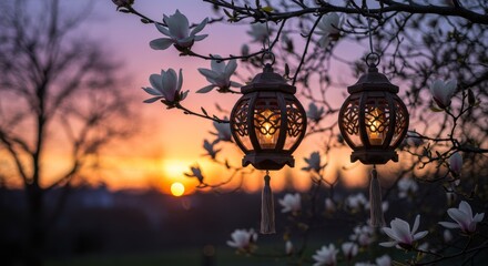 Sunset Serenity: Lanterns and Magnolia Blossoms - Two illuminated lanterns hang from a magnolia tree branch at sunset creating a peaceful and serene atmosphere
