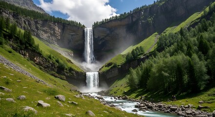 Fototapeta premium Majestic waterfall cascading down a dramatic mountainside, surrounded by lush greenery and dramatic rock formations.