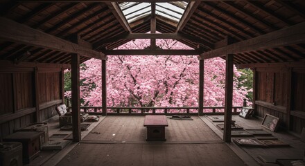 Temple Attic Spring Blossom View - Serene temple attic with wooden beams, a low table, and a breathtaking view of pink cherry blossoms through a glass ceiling.