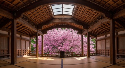 Tranquil Cherry Blossom View From Pavilion - Serene of a blooming cherry blossom tree viewed through a traditional wooden pavilion with a skylight