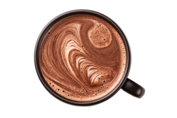 Overhead view of a dark brown mug filled with hot chocolate, exhibiting a swirling, abstract pattern on the surface