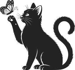 Black cat silhouette playing with a butterfly on white background kitten feline