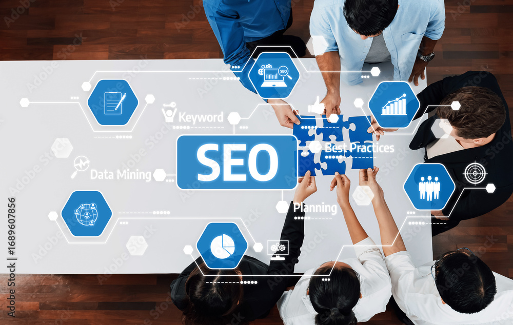 Poster a dynamic scene showing professionals working together on an seo strategy. the image features icons 