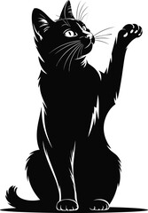 Black silhouette of a cat sitting with paw raised on white background Keywords: cat, silhouette, black