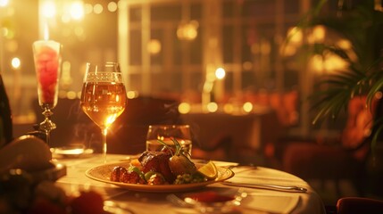 Dinner table setting in warm restaurant