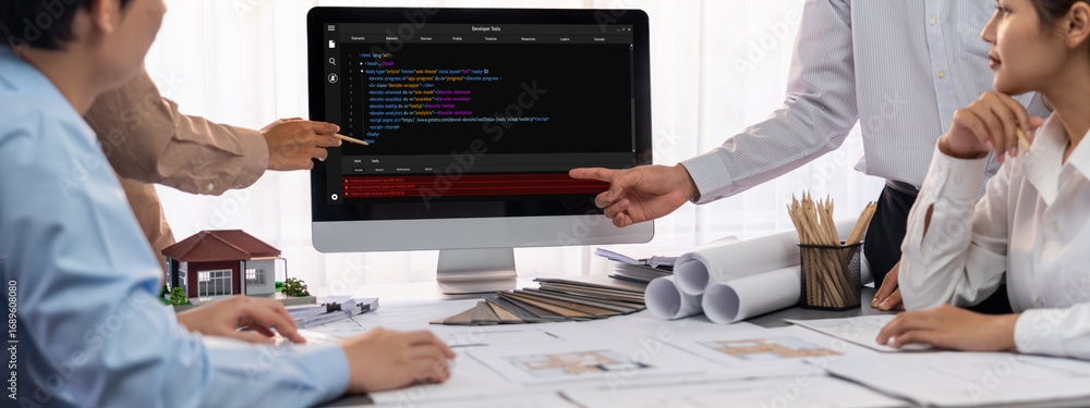 Poster Group of interior architect designer discussing together on blueprint and laptop screen display architecture software for more precise designing layout. Modern home design and renovation. Insight