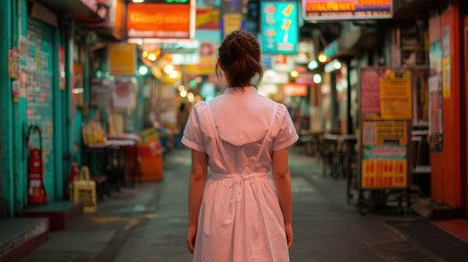 Obraz premium A young woman stands in a vibrant street market, illuminated by colorful neon signs, creating a lively and atmospheric urban scene.