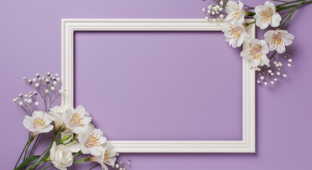 White Frame with White Flowers on Purple - Elegant white picture frame adorned with delicate white flowers on a soft purple background.