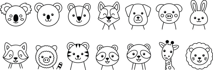 Collection of cute cartoon animal faces in black and white line art style Keywords: animal, animals