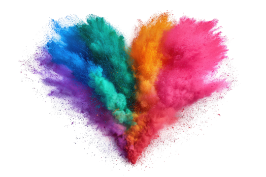 A heart-shaped explosion of vibrant colored powder