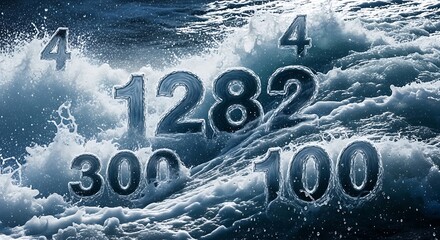 Large numbers, four, twelve, eighty-two, three hundred, and one hundred, are displayed against a backdrop of crashing waves.