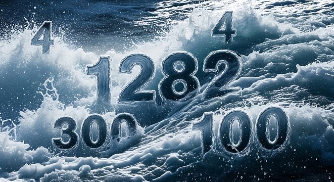 Large numbers, four, twelve, eighty-two, three hundred, and one hundred, are displayed against a backdrop of crashing waves.