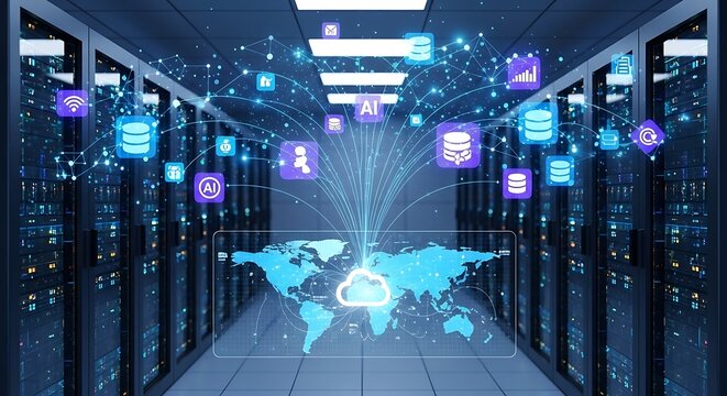 A digital world of interconnected technology, showcasing a vast server room with a multitude of data icons and a world map overlay, illuminating the network's global reach.