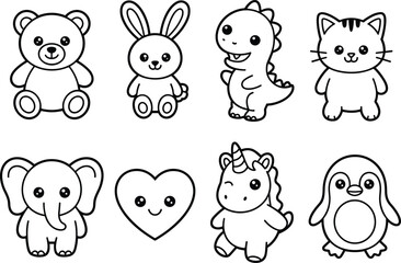 Obraz premium Eight Cute Cartoon Animal Outlines with Black Lines on White Background drawing