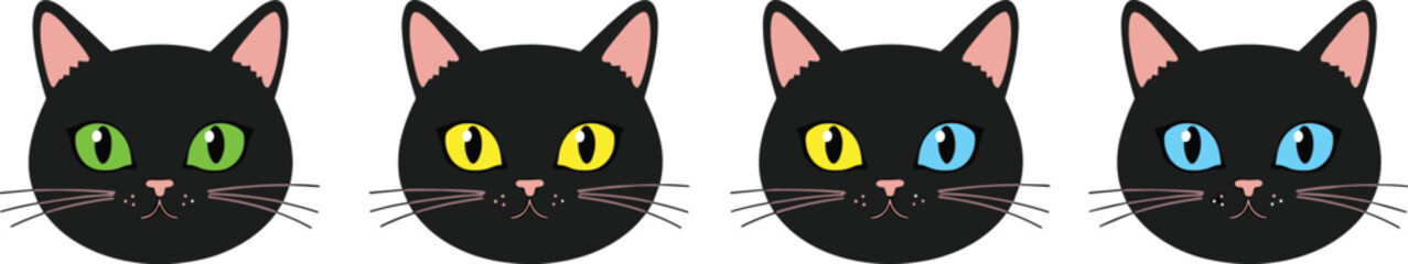 Four black cat faces with different colored eyes on white background feline animal