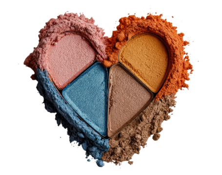 A heart-shaped arrangement of eyeshadow palettes.  Four eyeshadow quadrants, in peach, orange, blue, and brown, are nestled within a heart formed by loose powder